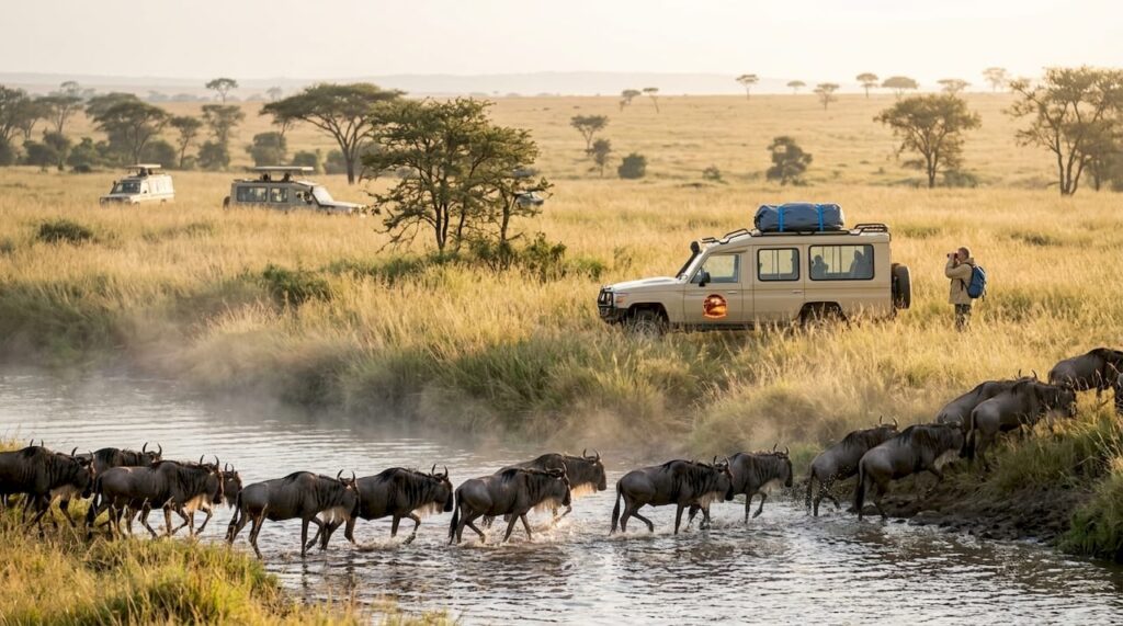 Gli gnu attraversano il fiume nella savana kenyota, dando vita a uno spettacolo mozzafiato della natura selvaggia.