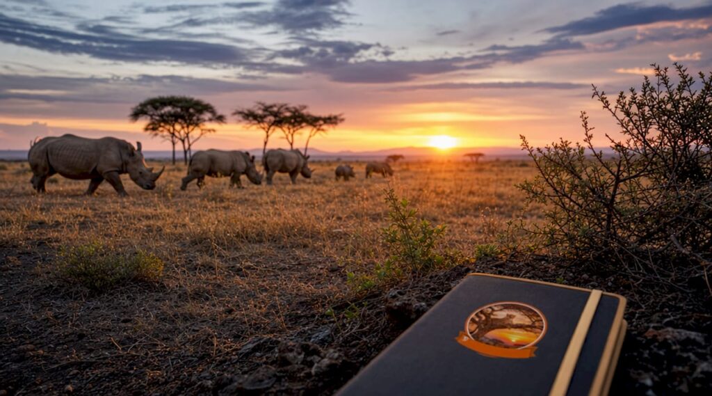 Elefanti che si muovono lentamente nella savana keniota, immersi nei colori caldi del tramonto. Parchi Kenya