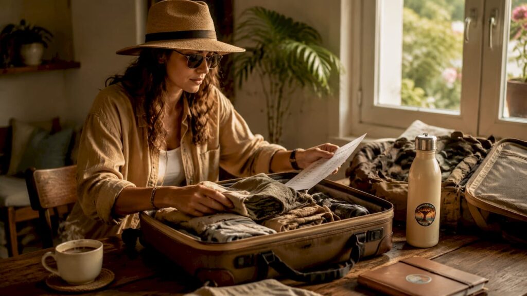Una donna si organizza a casa preparando la valigia per un safari in Kenya.