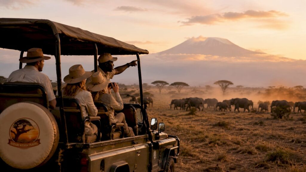 Un gruppo di turisti, a bordo di una jeep, osserva affascinato una famiglia di elefanti che si muove libera nella savana.Migliori punti osservazione wildlife Kenya