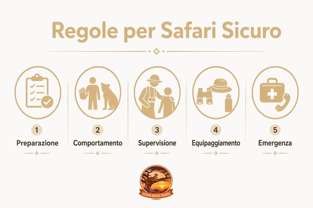 Infografica con i consigli essenziali per vivere un safari in famiglia in tutta sicurezza