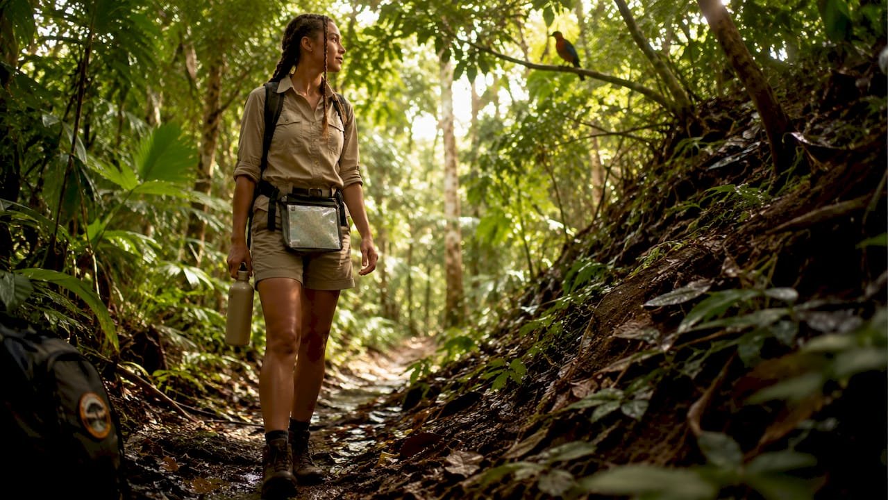 Viaggiatore che esplora un sentiero immerso nella foresta del Kenya