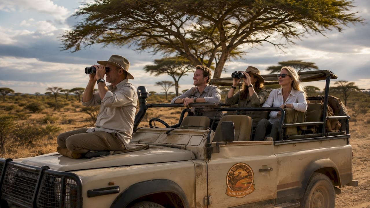 Un gruppo di turisti a bordo di una jeep, accompagnati da una guida esperta, attraversa la savana kenyota alla scoperta della fauna locale.