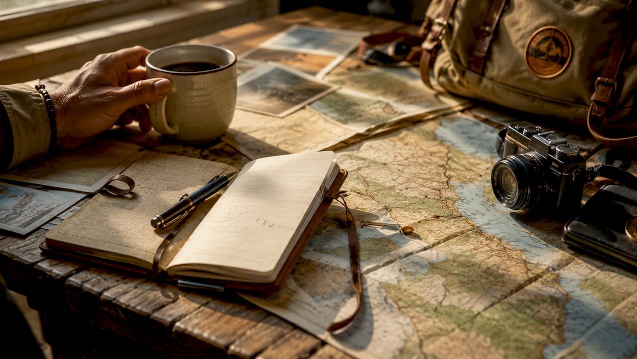 Su un tavolo di legno, sparsi tra una tazzina di caffè fumante e la macchina fotografica, ci sono mappe e appunti di viaggio pronti per la prossima avventura.