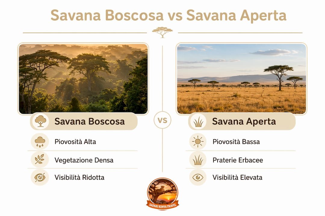 Confronto visivo tra savana boscosa e savana aperta in Kenya: infografica