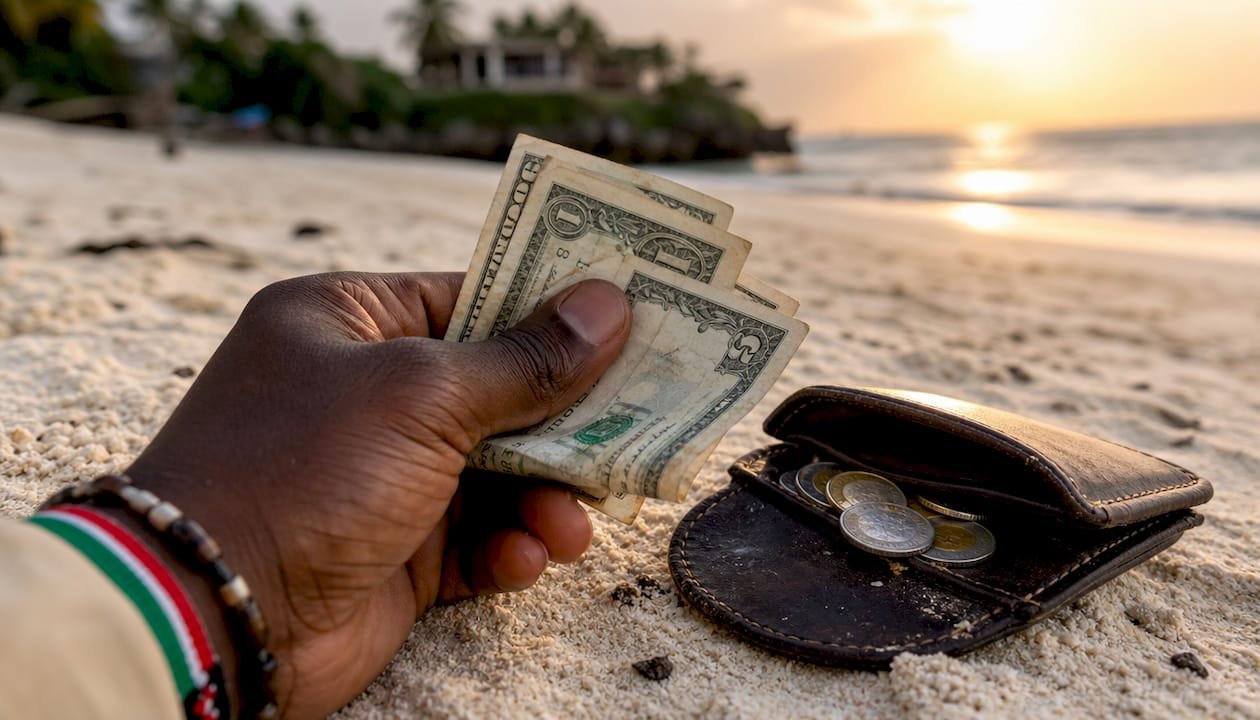 Mano che tiene delle banconote in dollari americani accanto a un portafoglio con shilling kenioti