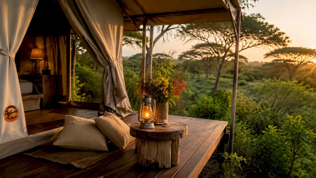 Tenda romantica con veranda immersa nella natura, ideale per un campeggio da sogno in Kenya.