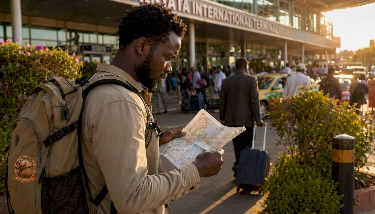 Un viaggiatore in attesa davanti all’aeroporto Jomo Kenyatta di Nairobi, Nairobi aeroporto
