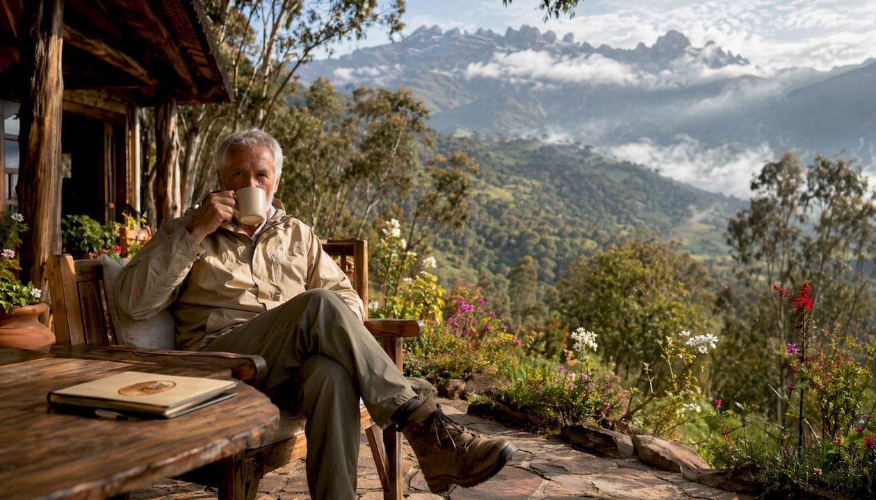 Uomo che si rilassa in una spa di montagna, godendosi il panorama mozzafiato.