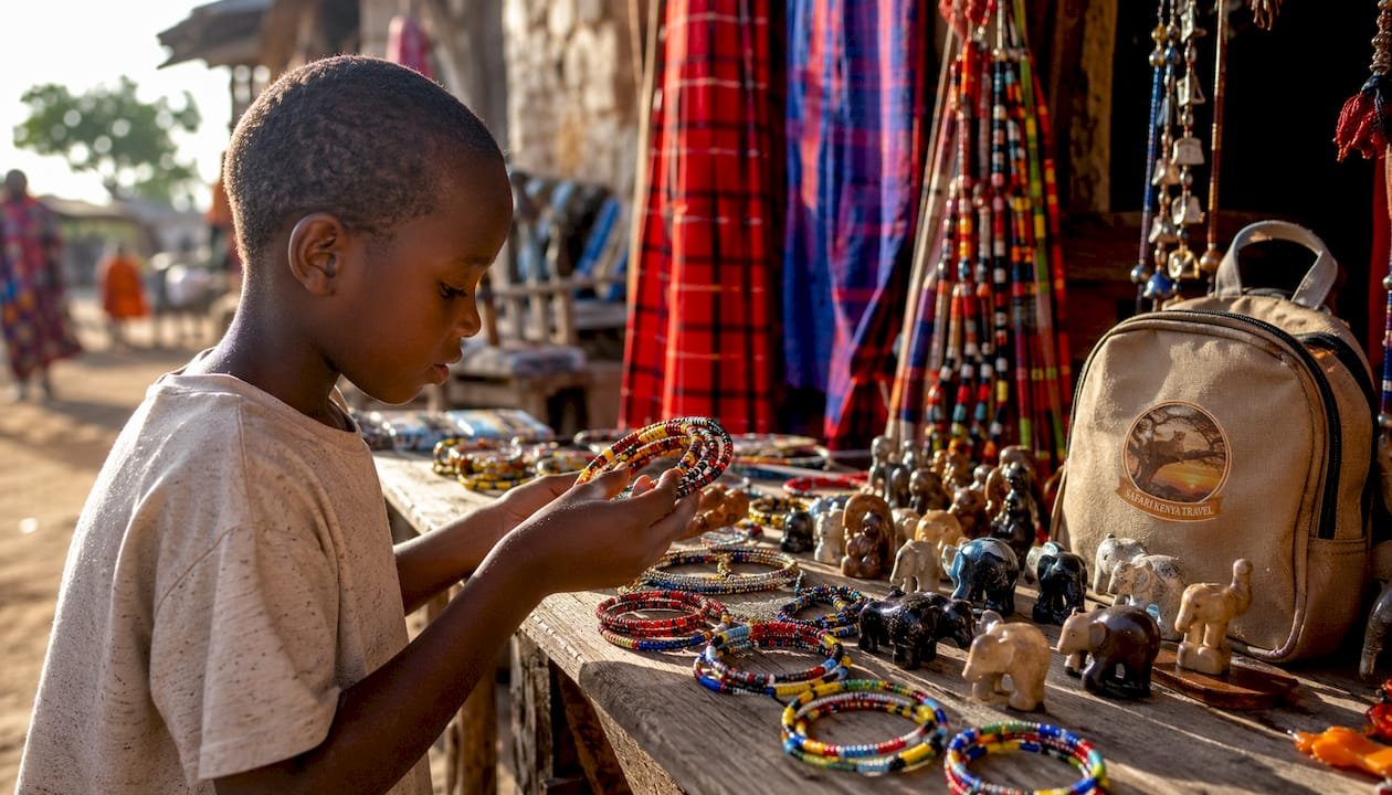 Mani di bambini che giocano con perline Maasai e piccole sculture