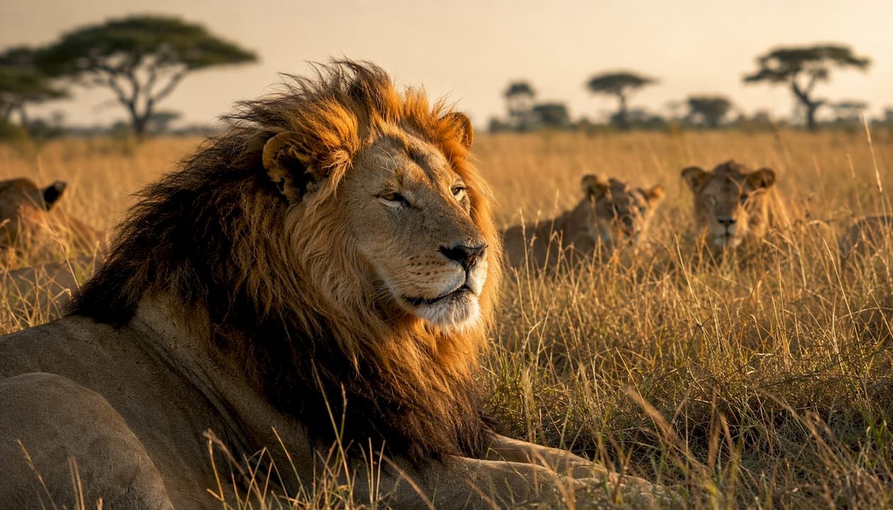 Un leone maschio si gode il primo sole del mattino, disteso e tranquillo nella savana.