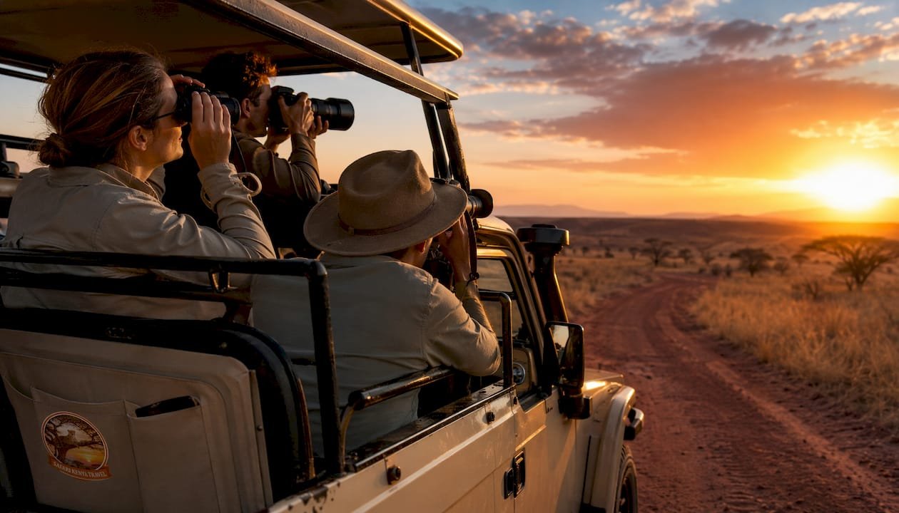All’alba, un gruppo di turisti si gode un emozionante safari a bordo di una jeep tra le meraviglie della savana keniota.
