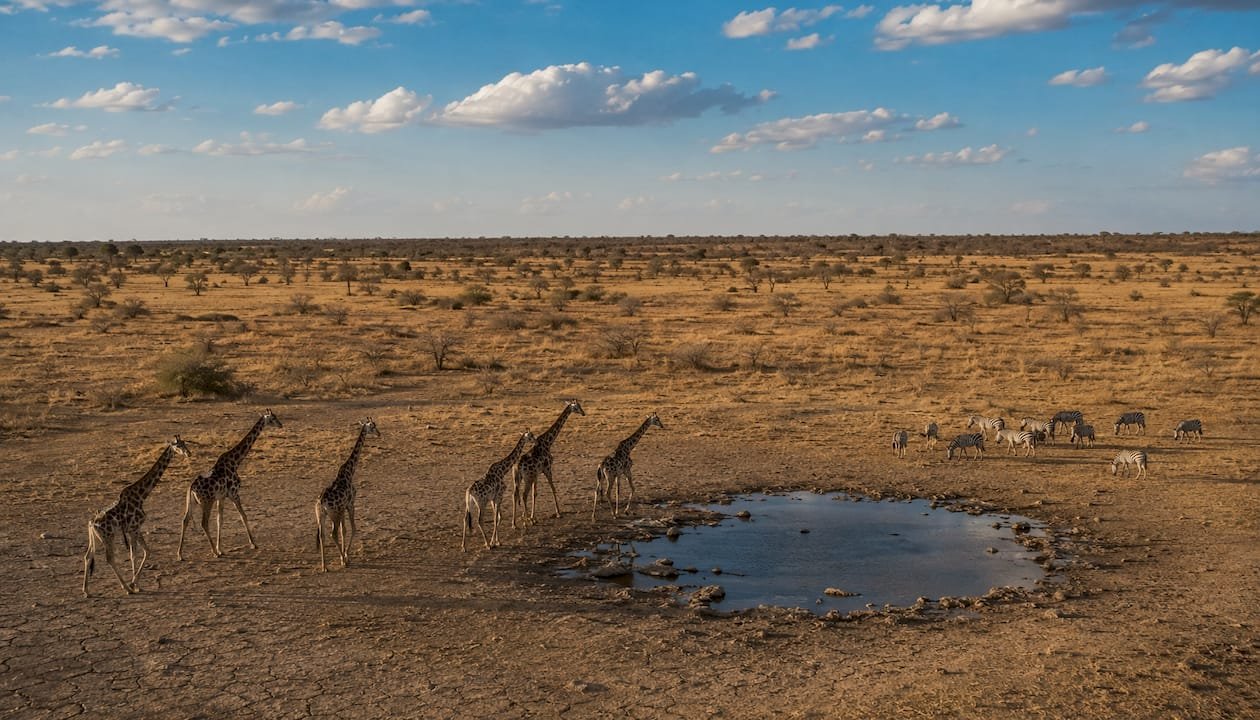 Un elefante si avvicina a una pozza d’acqua nella savana arida del Kenya, alla ricerca di sollievo dal caldo.