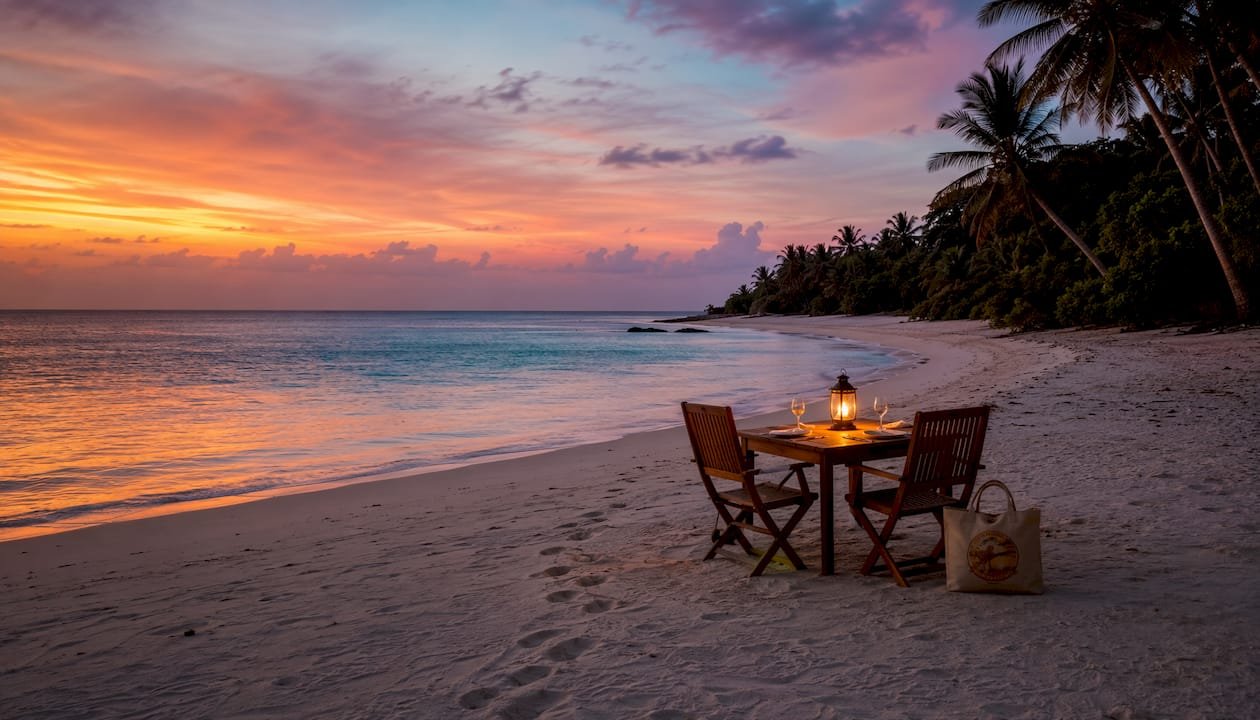 Cena romantica sulla spiaggia al tramonto, immersi nella magia di un'isola tropicale. safari Africa