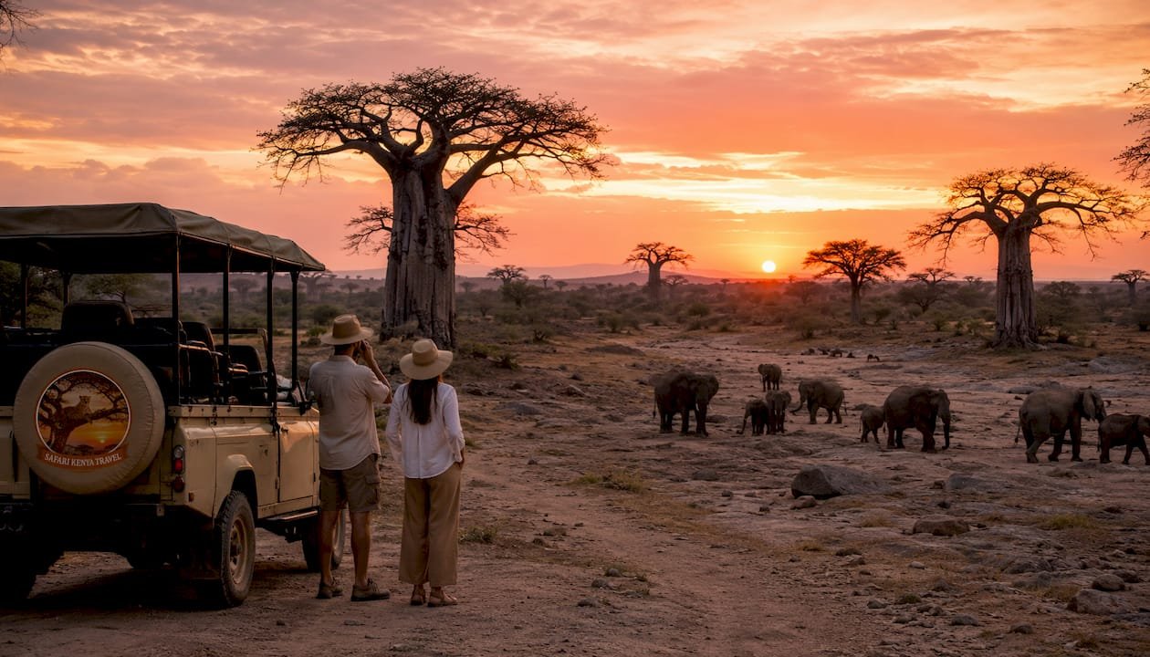 Un gruppo di elefanti attraversa la savana del Serengeti, mentre un fuoristrada per safari li osserva da vicino. safari Africa