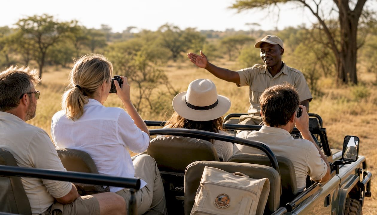 Un gruppo di turisti a bordo di una jeep partecipa a un safari all’alba, immersi nella natura selvaggia.