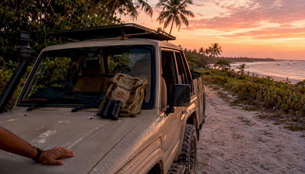 Una Jeep 4x4 con il tetto aperto che attraversa la savana alle prime luci dell’alba.