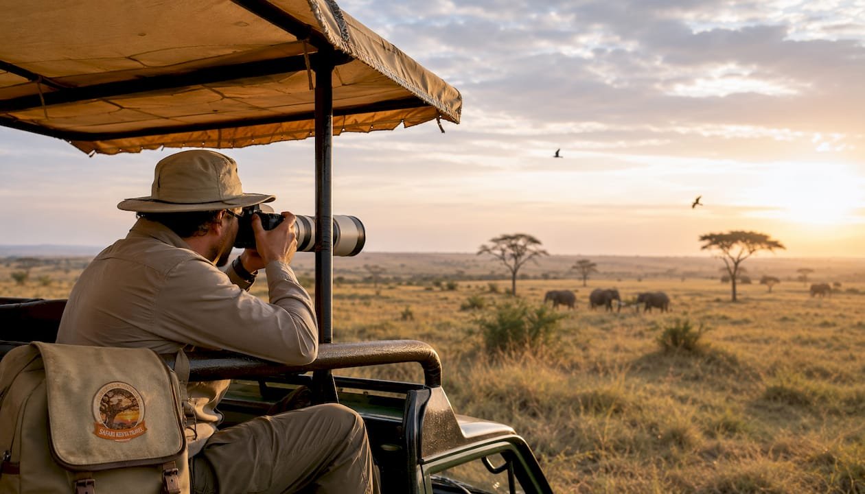 Un fotografo immortalando la fauna selvatica nella savana del Masai Mara alle prime luci dell’alba.