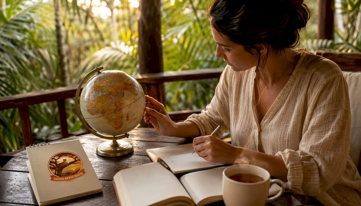 Donna che organizza un safari in Kenya seduta alla scrivania di casa, pacchetti safari su misura Kenya