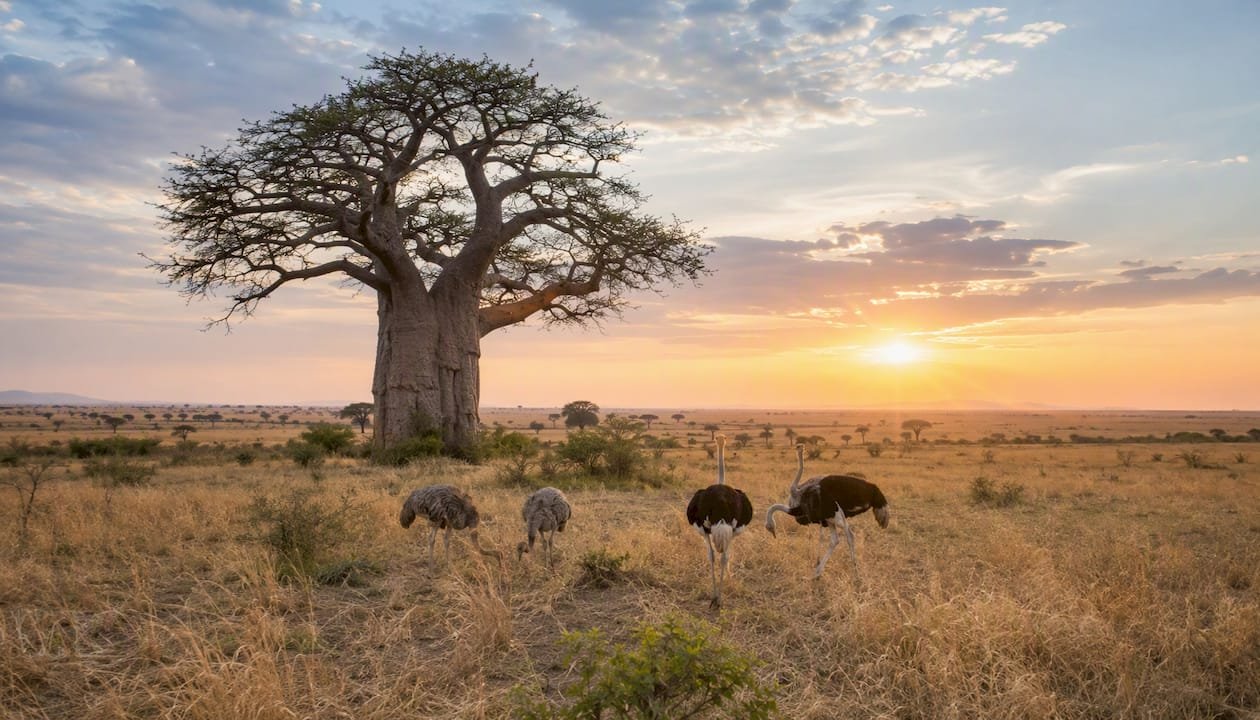 Un elefante si staglia nella savana del Masai Mara, avvolto dai caldi colori del tramonto.