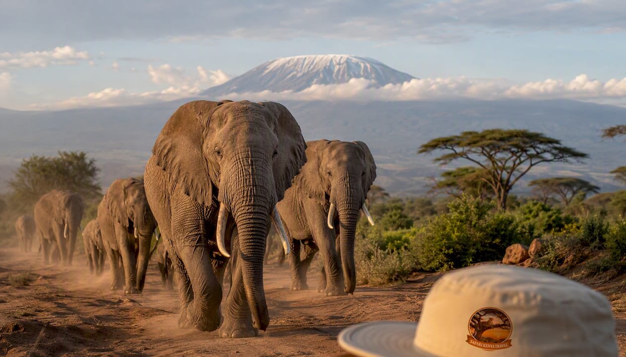 Gli elefanti che passeggiano nella savana di Amboseli, con il maestoso Kilimanjaro sullo sfondo