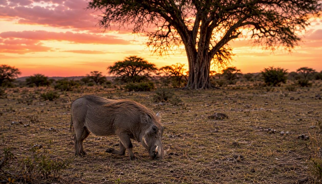 Un facocero si abbassa sulle ginocchia mentre bruca tranquillo nella savana.