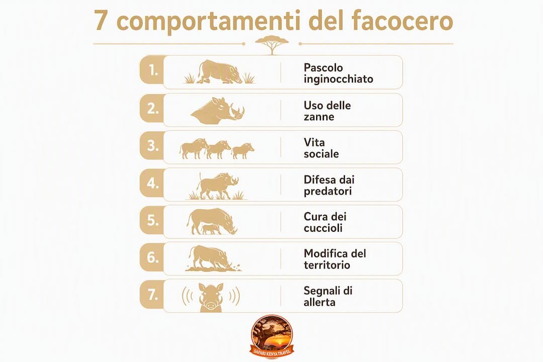 Scopri i 7 comportamenti principali del facocero spiegati in un'infografica chiara e dettagliata.