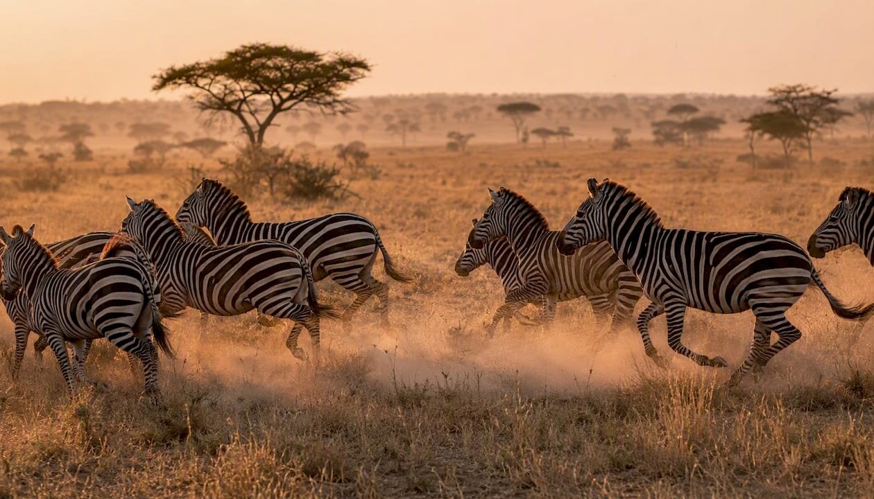 All’alba, le zebre corrono libere nella savana, mentre la luce del nuovo giorno illumina i loro movimenti eleganti.