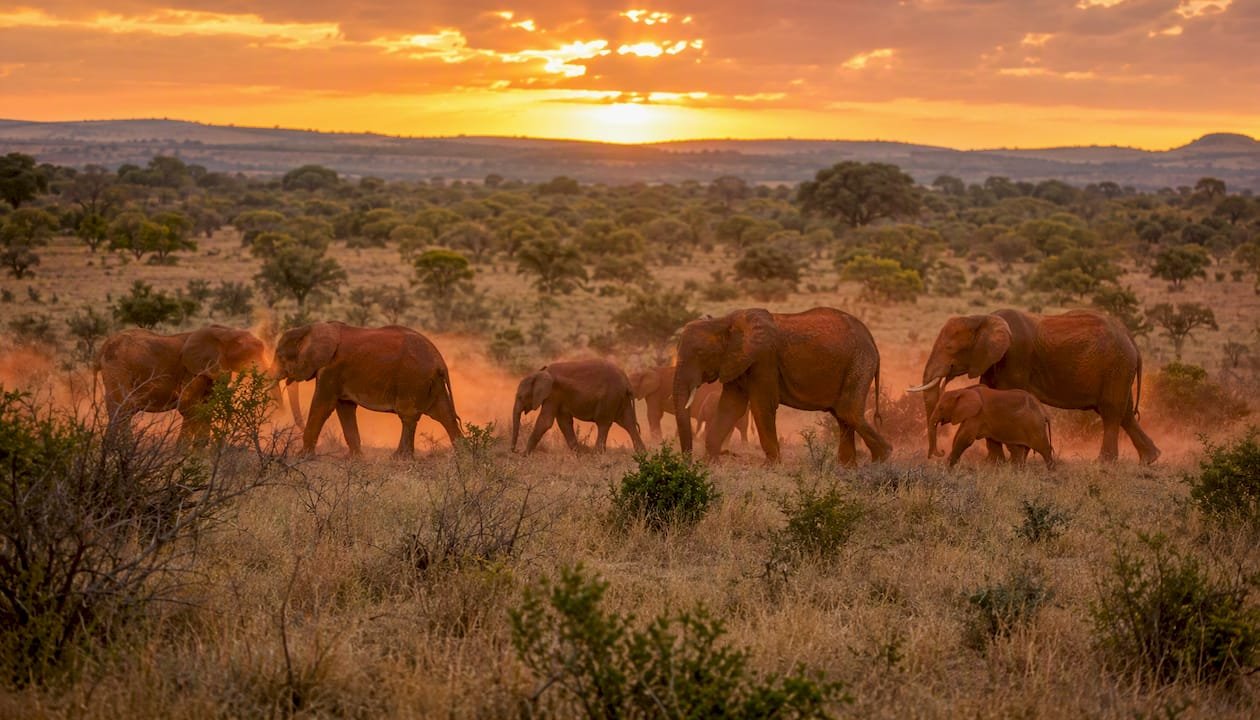 Gli elefanti che si muovono lentamente attraverso la savana dello Tsavo Est