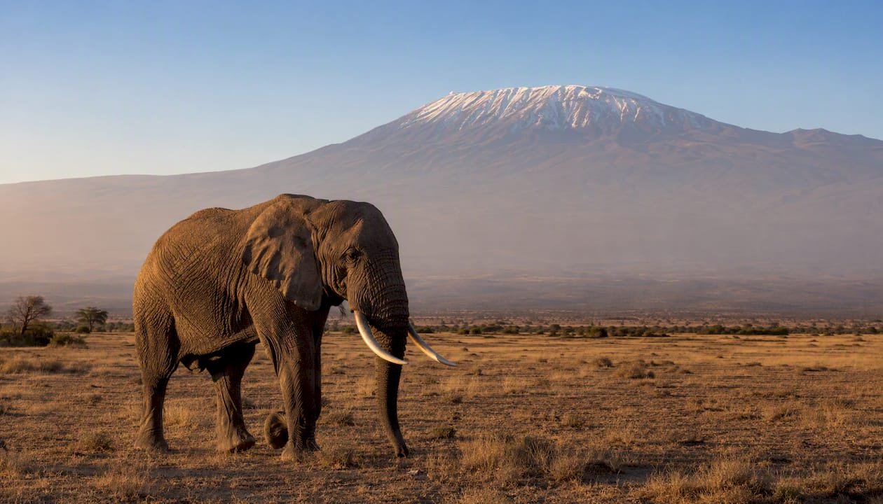 Un elefante che si staglia maestoso con il Kilimangiaro sullo sfondo