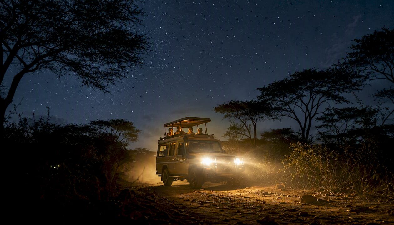 Esperienza di safari notturno in veicolo all'interno di una conservazione in Kenya