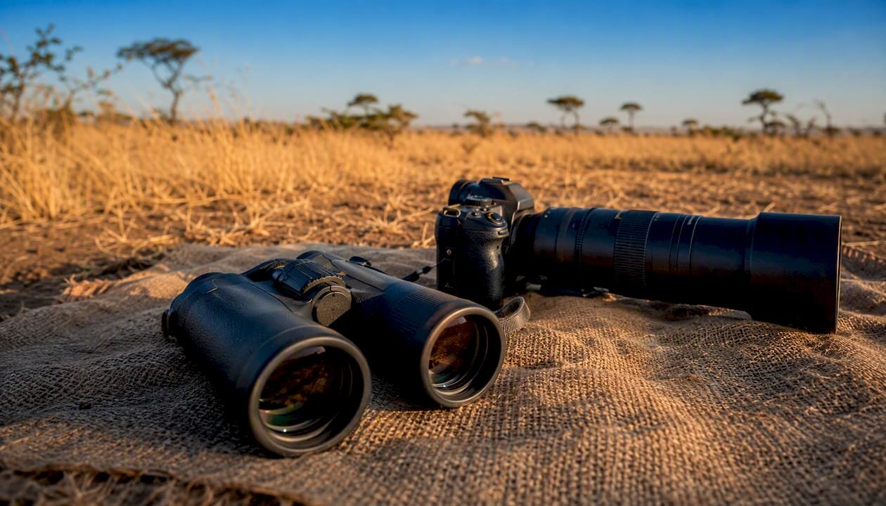 Binocolo e obiettivo tele montati su una superficie naturale