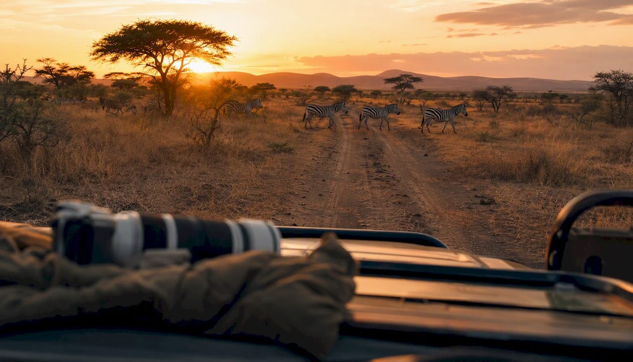 Jeep da safari equipaggiata con binocoli, mentre in lontananza si intravede una mandria di gnu.