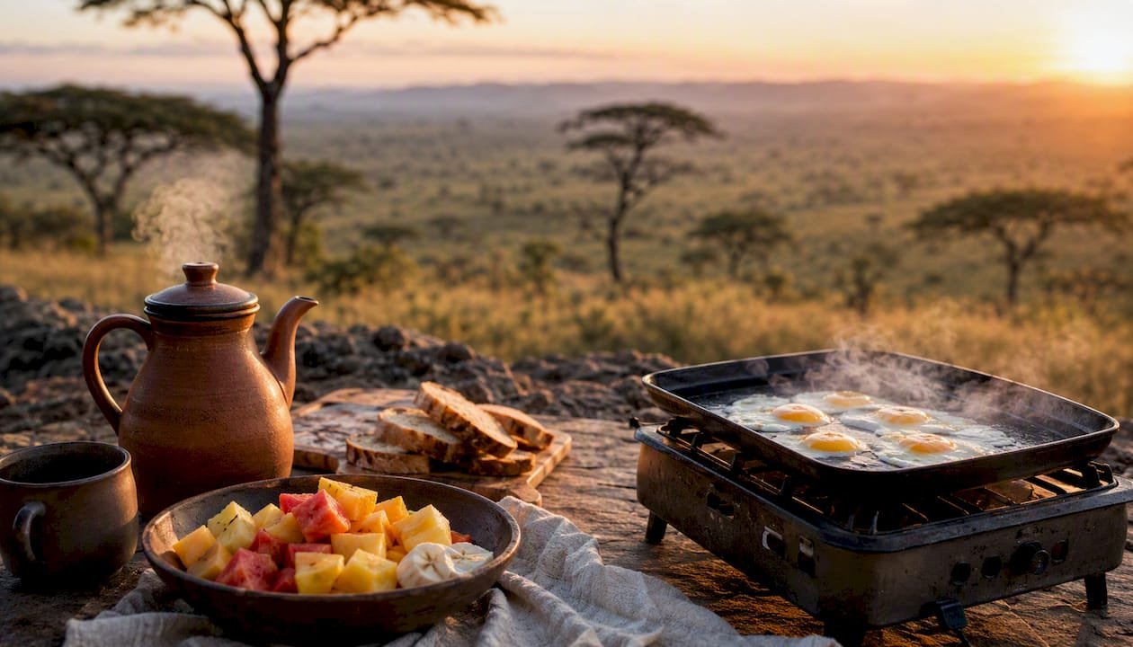 Colazione all'aperto nella savana, con un tavolo immerso nella natura selvaggia