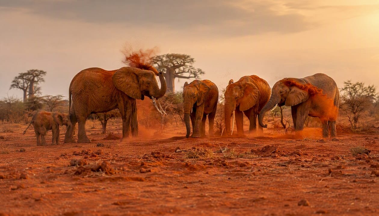 Un gruppo di elefanti dal caratteristico colore rossastro si aggira tra le distese della savana di Tsavo.