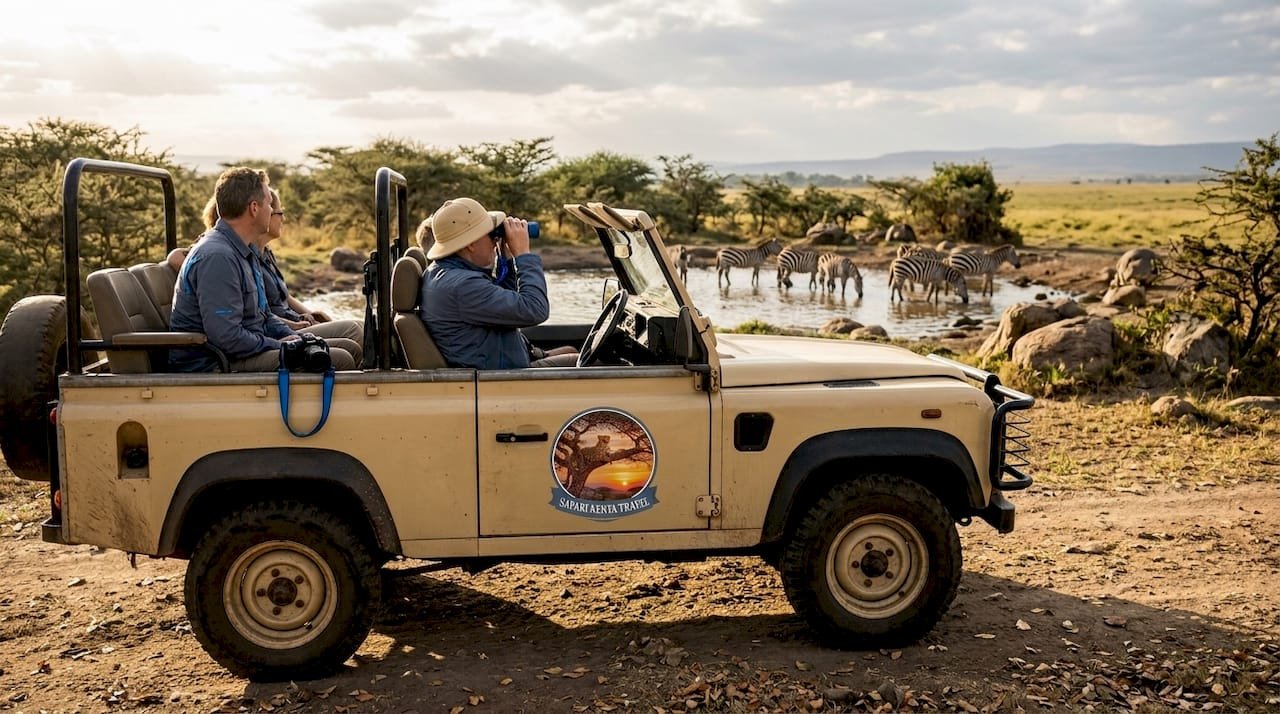 Un gruppo di turisti a bordo di una jeep safari osserva da vicino alcune zebre che si abbeverano presso una pozza d’acqua.