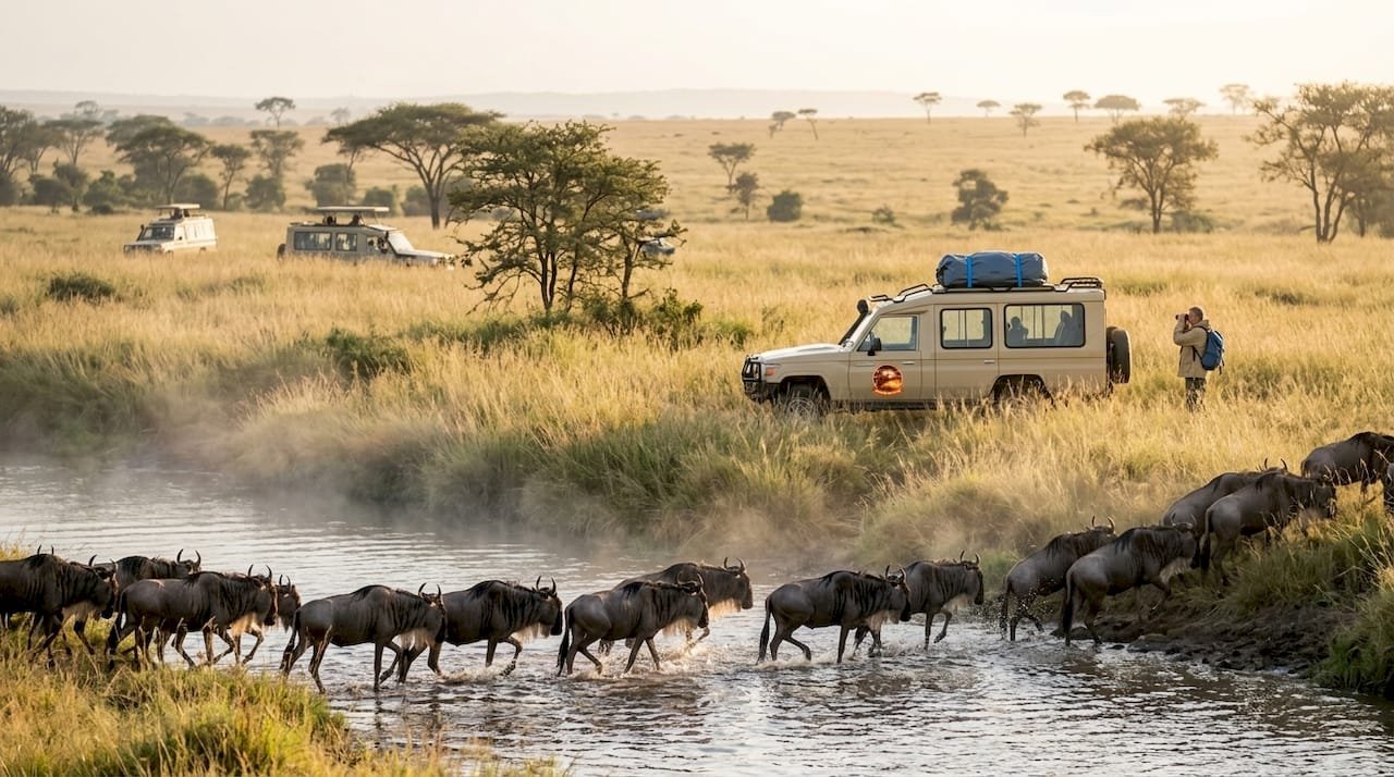 Gli gnu attraversano il fiume nella savana kenyota, dando vita a uno spettacolo mozzafiato della natura selvaggia.