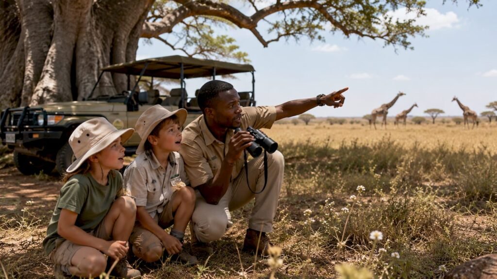 guida safari in kenya Guide-teaching-children-about-wildlife-on-safari