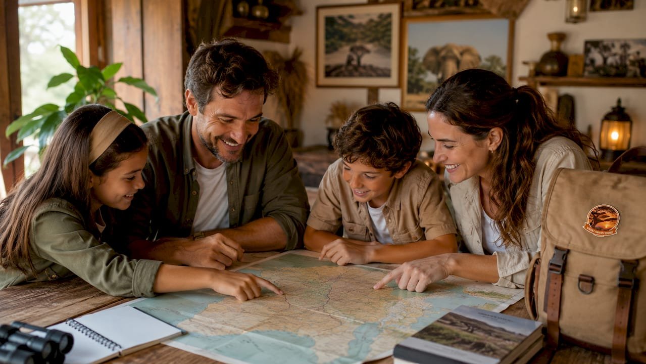 Una famiglia partecipa a un safari educativo, emozionata nell’osservare gli elefanti da vicino.
