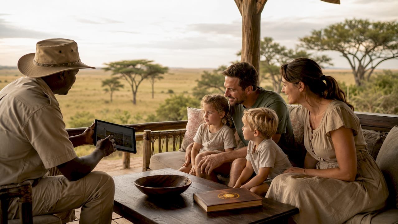 Durante il safari, una guida illustra alla famiglia le misure di sicurezza del lodge, rassicurandoli sul fatto che potranno vivere l’esperienza in totale tranquillità.