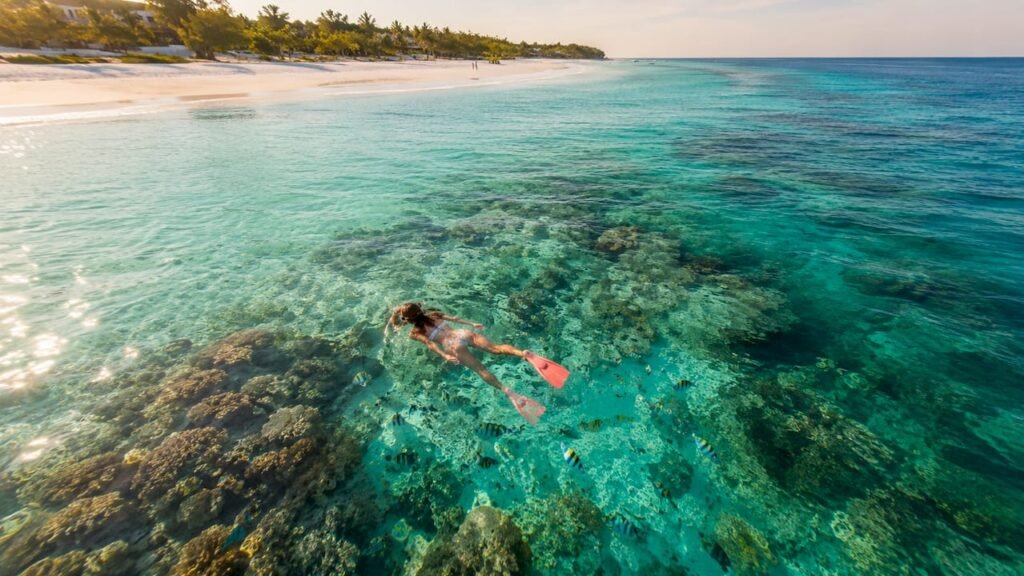 Subacqueo che fa snorkeling sopra una barriera corallina a Watamu o Diani