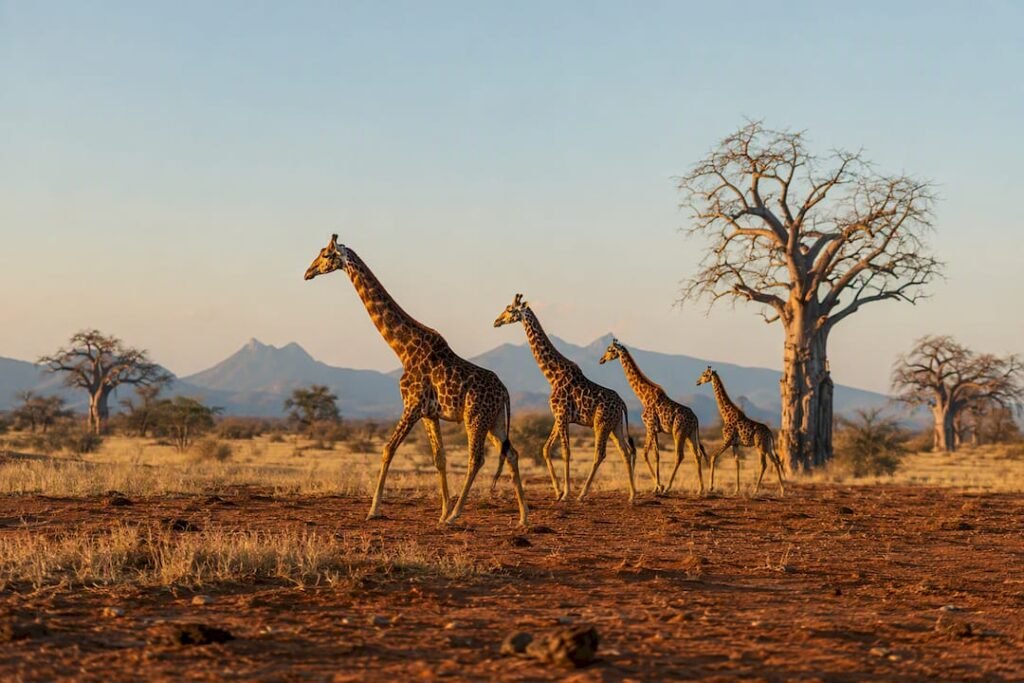 Giraffe che attraversano la savana keniota durante la stagione secca