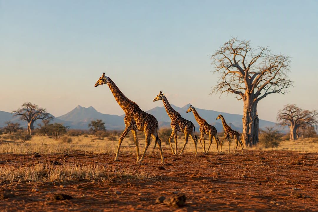 Giraffe che attraversano la savana keniota durante la stagione secca