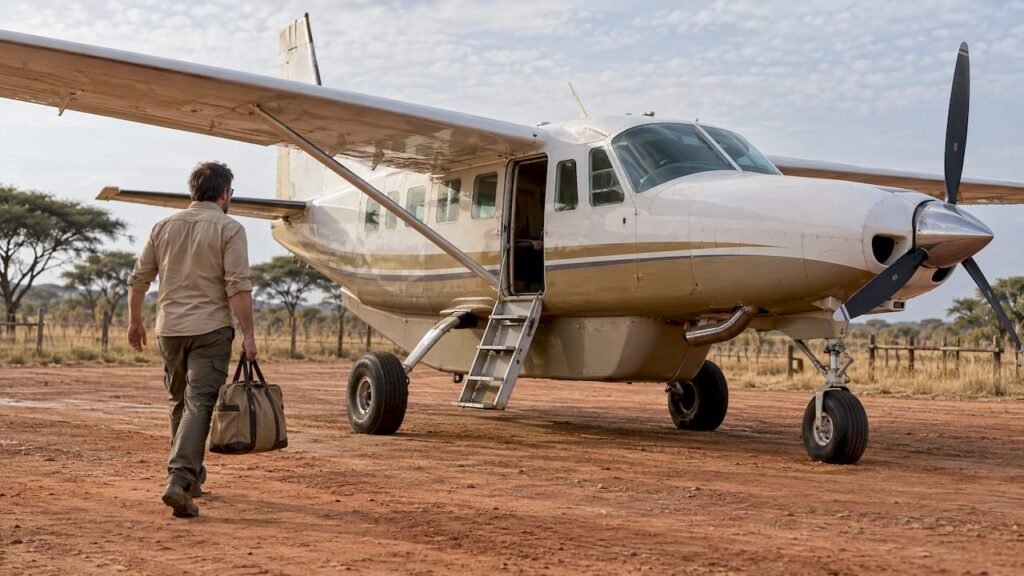 Aereo leggero sulla pista di un safari in Kenya
