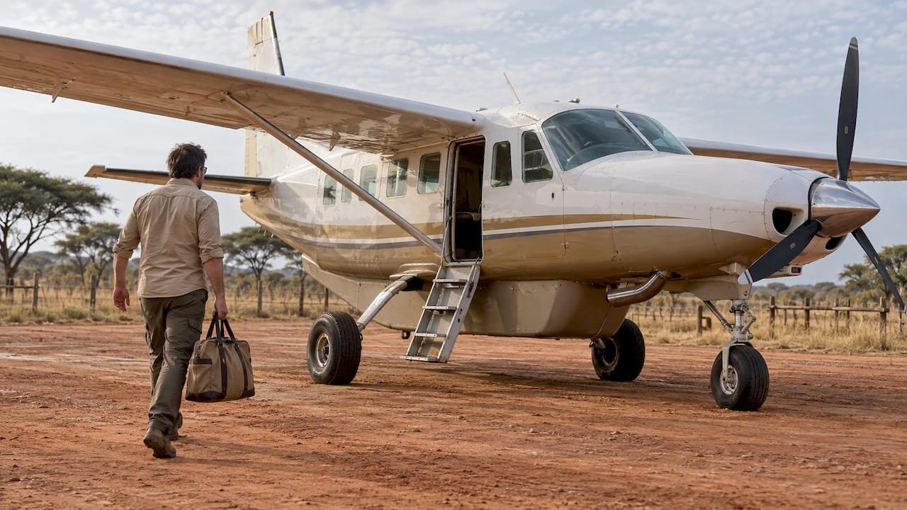 Aereo leggero sulla pista di un safari in Kenya