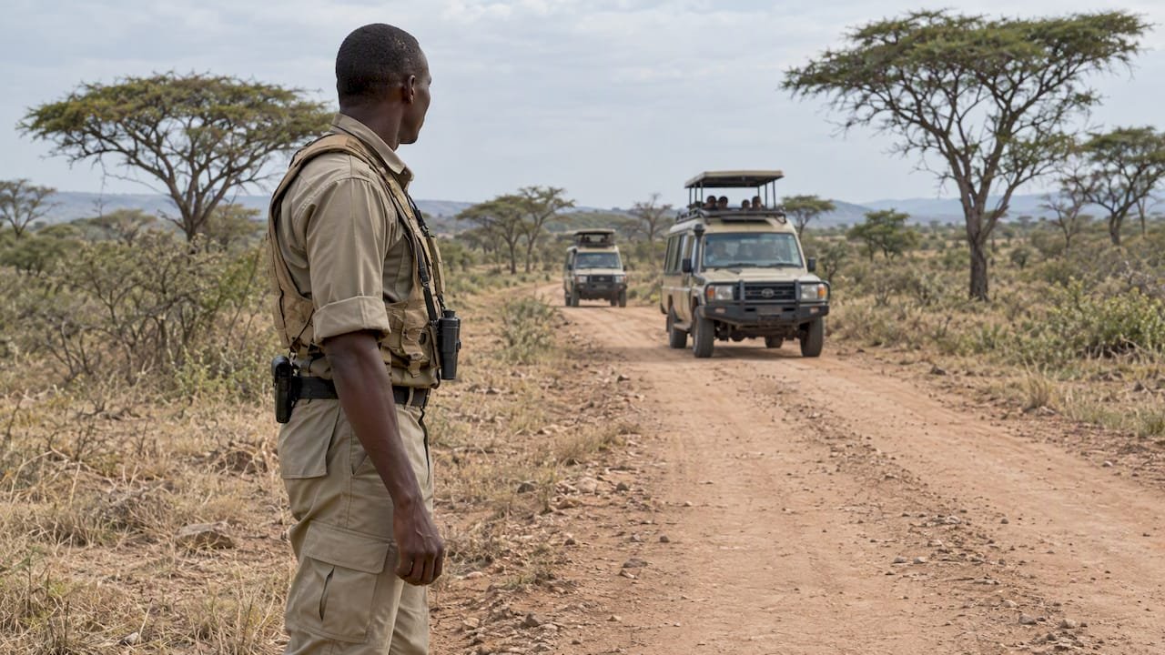 Il ranger controlla il transito dei veicoli safari,Safari sostenibile