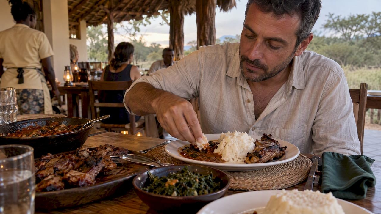 Cibo durante safari Kenya Ugali e nyama choma serviti in un lodge