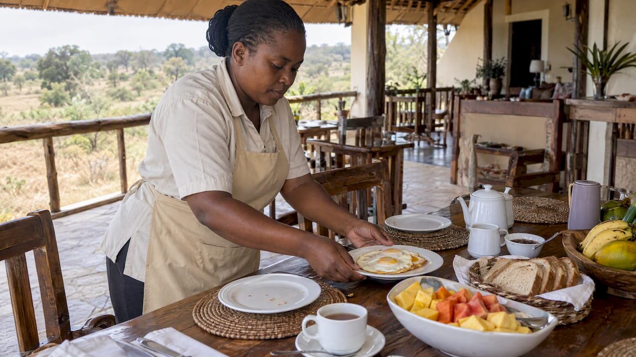 Cibo durante safari Kenya, Uova, frutta, pane e tè per la colazione safari