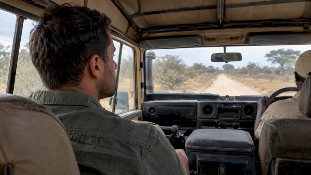 Viaggiatore che guarda avanti durante il trasferimento in safari