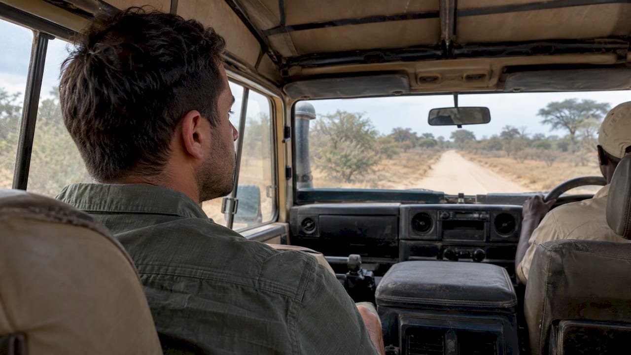 Viaggiatore che guarda avanti durante il trasferimento in safari